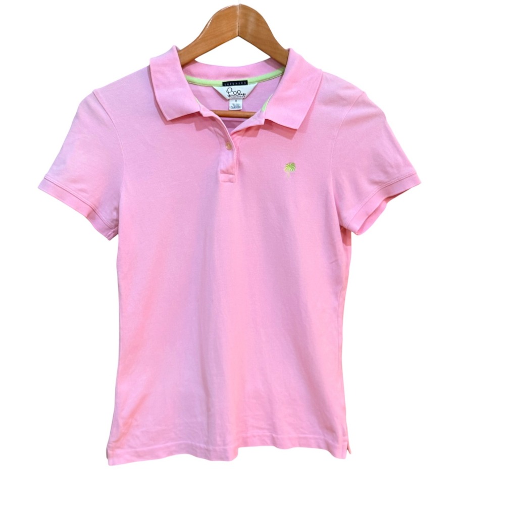 Lilly Pulitzer Polo Women M Pink Shrunken Palm Tree Preppy Pima Cotton Shirt